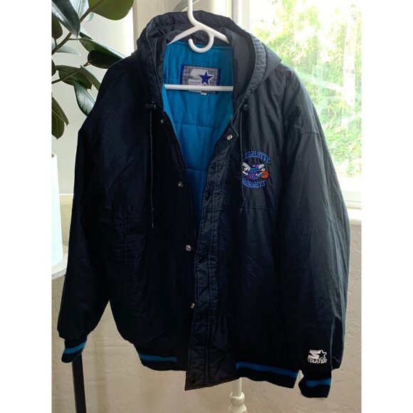 Vintage Starter Charlotte Hornets Jacket Black Hooded Puffer Large Retro 7353 - Picture 9 of 9